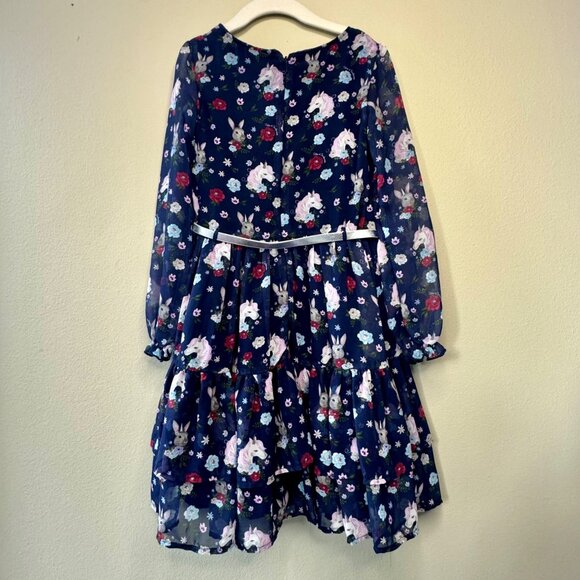 TUTU’S & TAMBOURINES Woodland Creatures Dress Girls 7 Blue Bunny Rabbit Unicorns - Picture 2 of 8